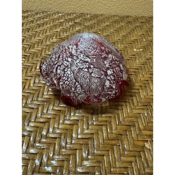 Vintage Murano Art Glass Bowl Folded Edge Silver Fleck Red MCM Dish 60s - Picture 4 of 9